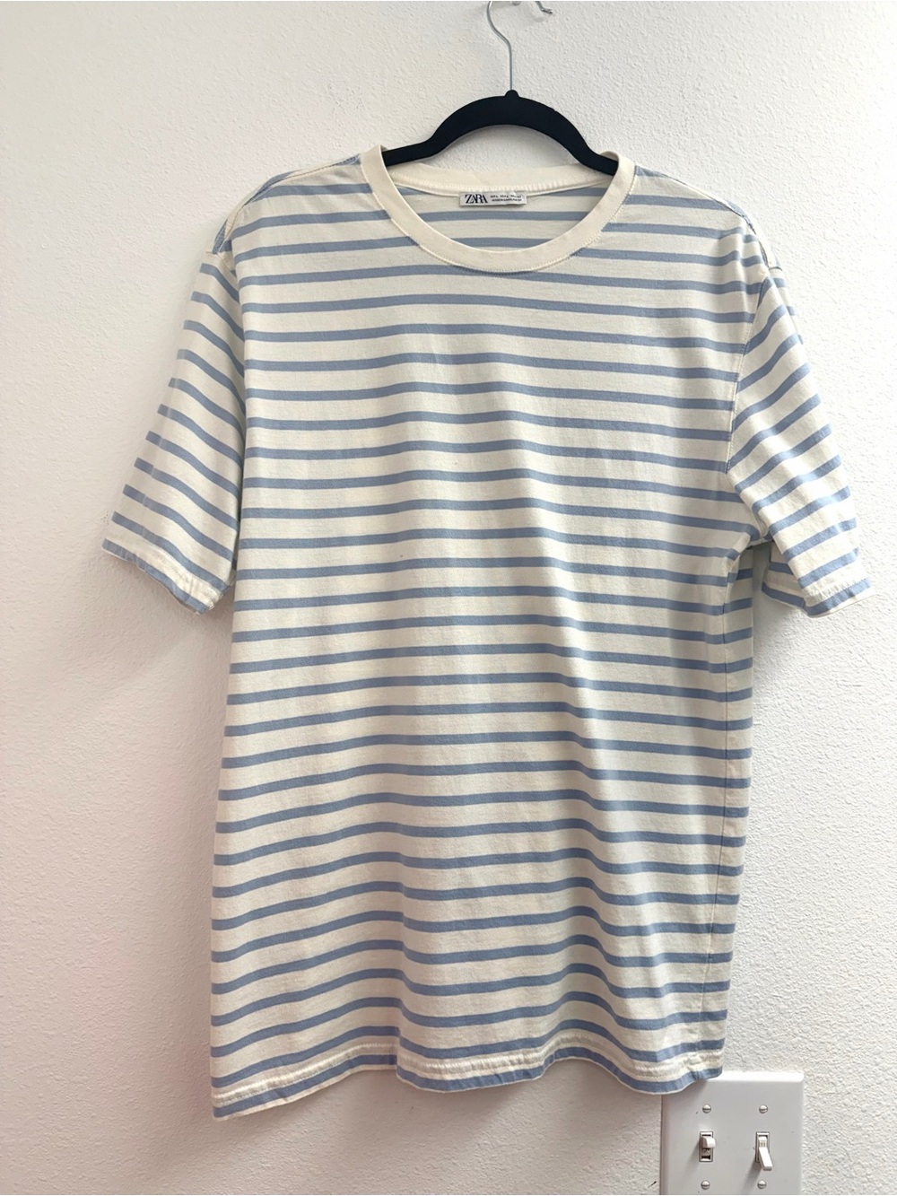 Zara Blue Striped long oversized relaxed fit Short Sleeve baggy Tee shirt size L